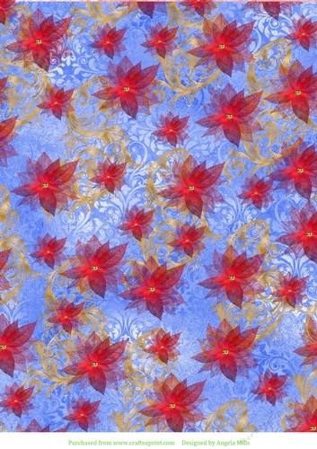 A4 Paper, Poinsettias and Swirls on Ultramarine Blue Background