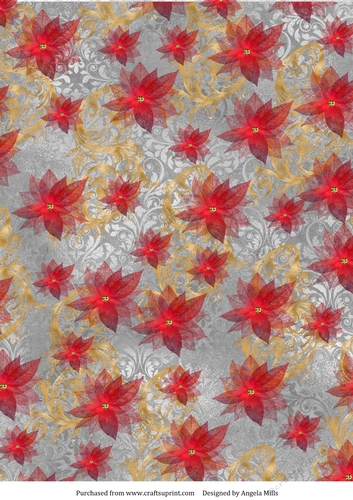 A4 Paper, Poinsettias and Swirls on Silver/Grey Background