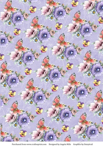 A4 Paper, Garden Flowers and Butterflies on Lilac Background