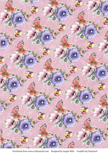 A4 Paper, Garden Flowers and Butterflies on Pink Background