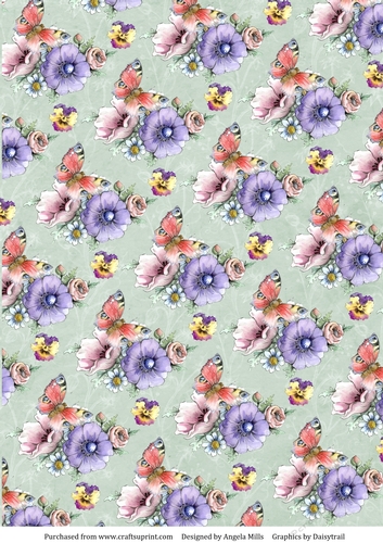 A4 Paper, Garden Flowers and Butterflies on Mint Green Background