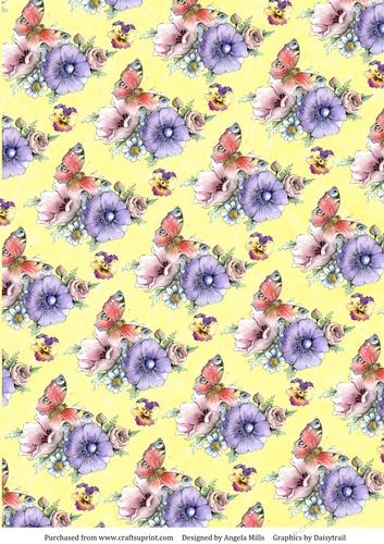 A4 Paper, Garden Flowers and Butterflies on Yellow Background