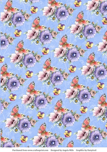 A4 Paper, Garden Flowers and Butterflies on Blue Background