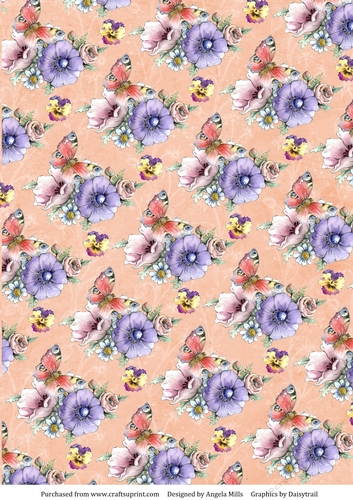 A4 Paper, Garden Flowers and Butterflies on Peach Background