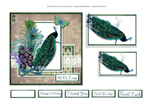 6 x 6 Vintage Peacock Card Front with Toppers and Sentiments