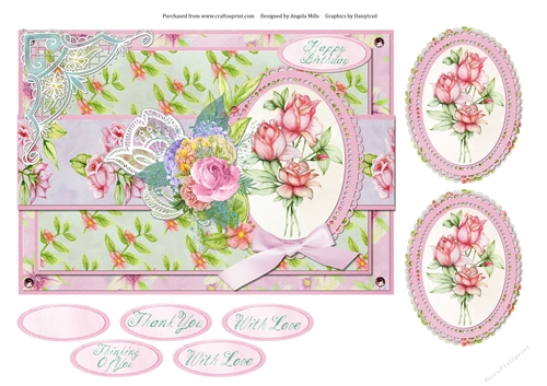 A5 Rose Bouquet Card Front with Toppers and Sentiments, Pink/Green
