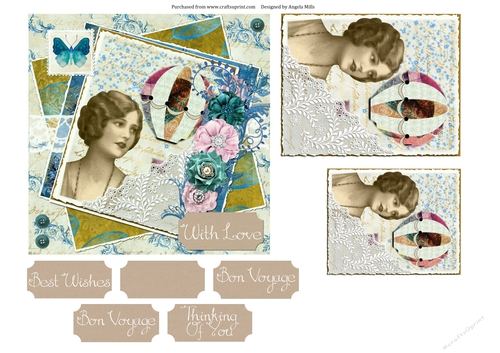 6 x 6 Card Front Shabby Chic Lady/Hot Air Balloon with Toppers and Sentiments Blue/Gold