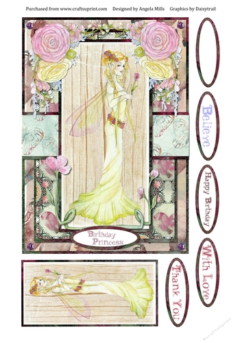 A5 Spring Fairy Card Front with Topper and Sentiments, Birthday Princess
