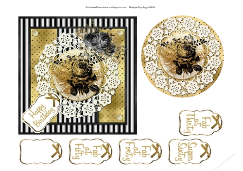 6 x 6 Card Front Black/White/Gold Floral Bouquet/Lace with Topper and Sentiments