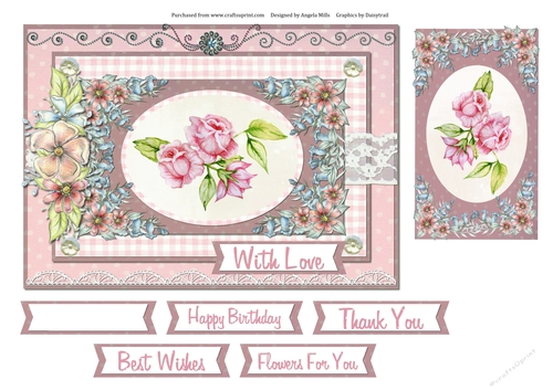 A5 Roses and Lace Card Front with Topper and Sentiments, Pink