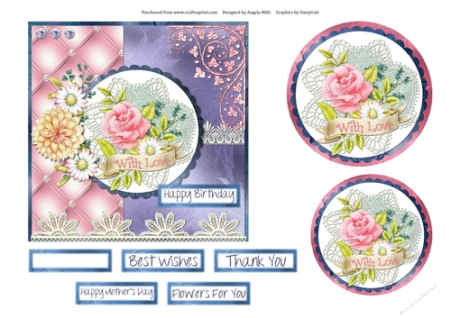 6 x 6 Card Front Roses, Dahlias and Daisies with Toppers and Sentiments Pink/Lilac