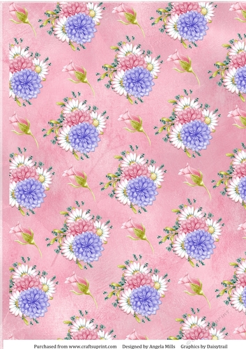 A4 Paper Rosebuds, Dahlias and Daisies on Pink Background