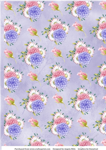 A4 Paper Rosebuds, Dahlias and Daisies on Lilac Background