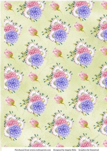 A4 Paper Rosebuds, Dahlias and Daisies on Green Background