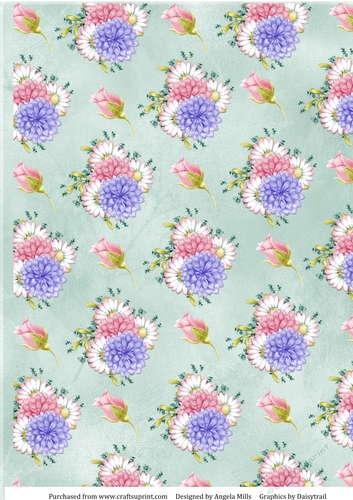 A4 Paper Rosebuds, Dahlias and Daisies on Aqua Background