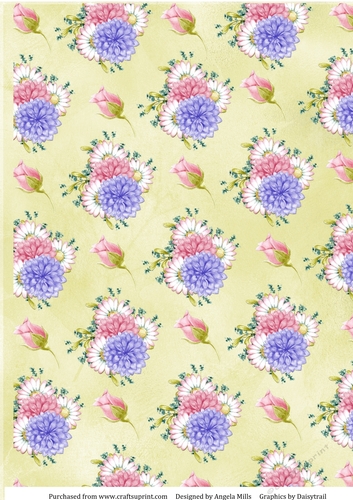 A4 Paper Rosebuds, Dahlias and Daisies on Lemon Yellow Background