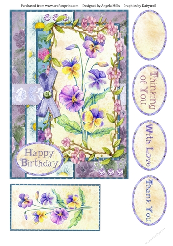 A5 Card Front Pansies/Floral Frame with Topper and Sentiments