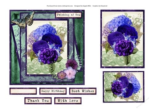6 x 6 Card Front Purple Peonies and Hydrangeas with Toppers and Sentiments