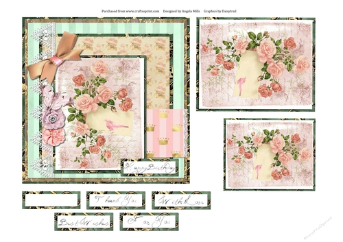 6 x 6 Card Front Rose/Ivy with Toppers and Sentiments, Pink/Green