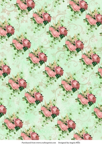 A4 Paper Pink Roses and Ivy on Mint Green Background