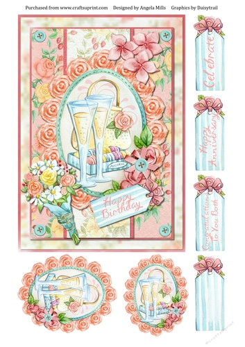 A5 Champagne Celebration Card Front with Toppers and Sentiment Tags