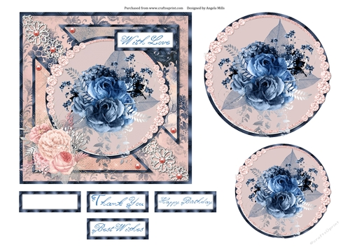6 x 6 Card Front Blush/Blue Floral with Toppers and Sentiments
