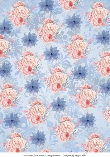 A4 Paper Blush and Blue Floral on Blue Background