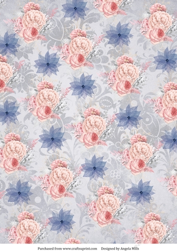 A4 Paper Blush and Blue Floral on Grey Background