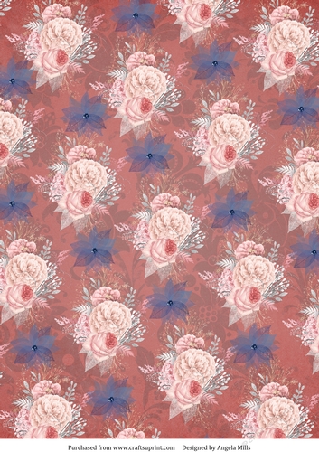 A4 Paper Blush and Blue Floral on Brick Red Background