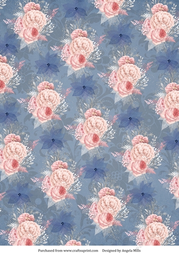 A4 Paper Blush and Blue Floral on Slate Blue Background