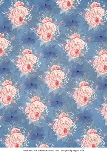 A4 Paper Blush and Blue Floral on Dark Blue Background