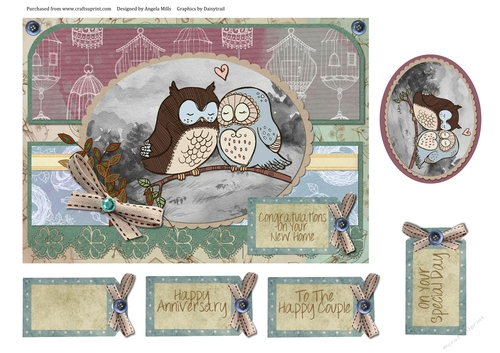 A5 Two Owls Card Front with Topper and Sentiment Tags