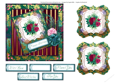 6 x 6 Card Front Red Roses with Toppers and Sentiments Burgundy/Teal/Gold