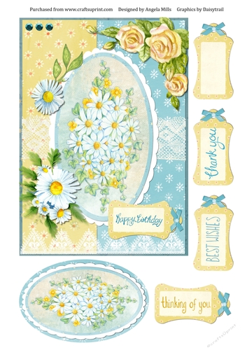 A5 Card Front Blue/Yellow Daisies with Topper and Sentiment Tags