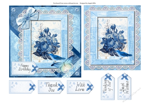 6 x 6 Card Front Blue Roses with Topper and Sentiment Tags