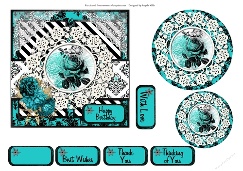 6 x 6 Card Front Stamped Roses with Toppers and Sentiment Tags, Teal/Black/White