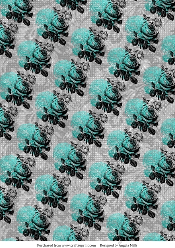 A4 Paper Stamped Teal/Black Roses on Grey Background