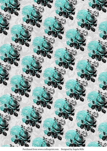 A4 Paper Stamped Teal/Black Roses on Light Grey Background