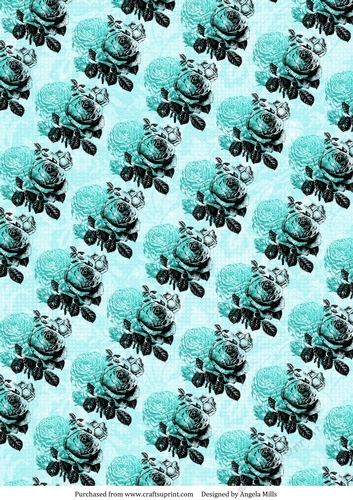A4 Paper Stamped Teal/Black Roses on Aqua Background