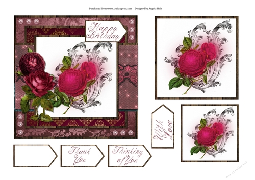 6 x 6 Card Front Red Rose with Toppers and Sentiment Tags Rose/Gold