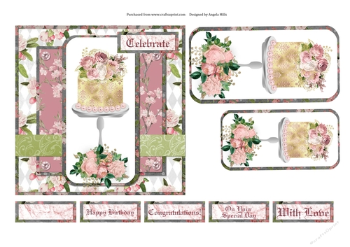6 x 6 Card Front Shabby Chic Celebration Cake with Toppers and Sentiment Toppers Pink/White