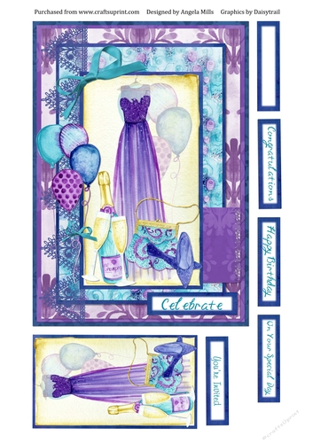 A5 Card Front Celebrate Dress/Champagne with Topper and Sentiment Toppers Violet/Turquoise
