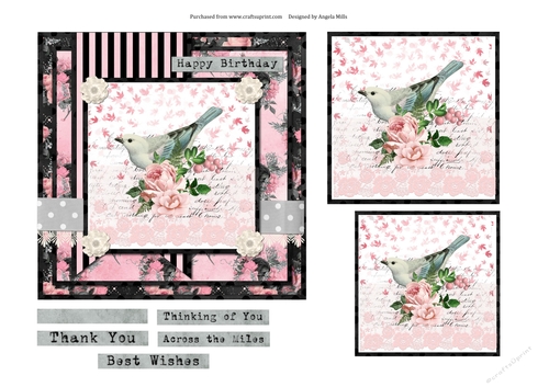 6 x 6 Card Front Dove/Floral with Toppers and Sentiment Toppers Pink/Black/Grey