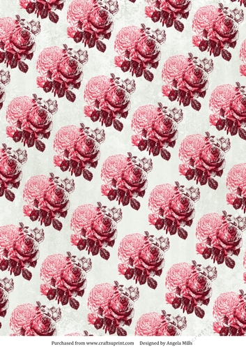 A4 Paper Stamped Pink/Maroon Roses on Light Grey Background