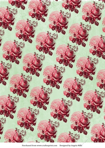 A4 Paper Stamped Pink/Maroon Roses on Mint Green Background
