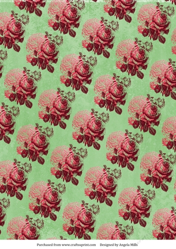 A4 Paper Stamped Pink/Maroon Roses on Green Background