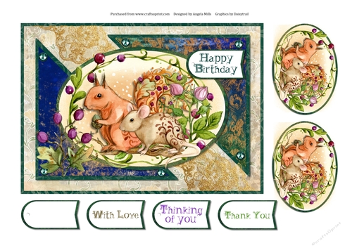 A5 Card Front Squirrel/Mouse with Toppers and Sentiment Tags Green/Gold