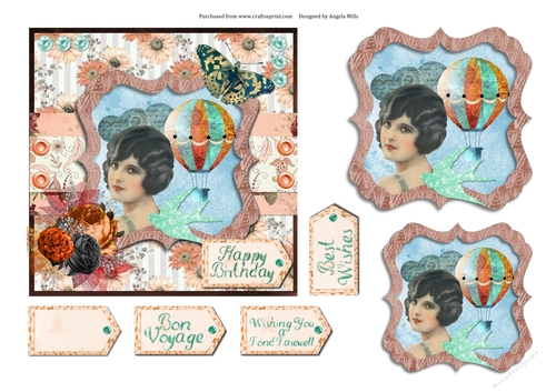 6 x 6 Card Front Shabby Chic Lady/Hot Air Balloon with Toppers and Sentiments Peach/Aqua