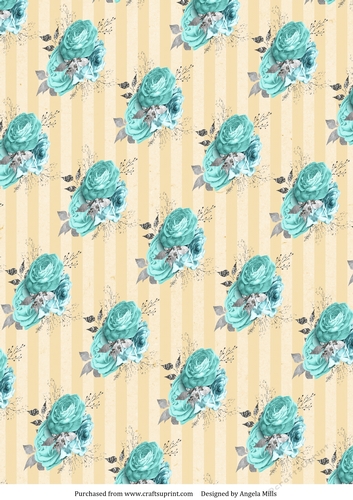 A4 Paper, Aqua/Silver Roses on Lemon Striped Background