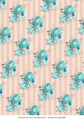 A4 Paper, Aqua/Silver Roses on Peach Striped Background